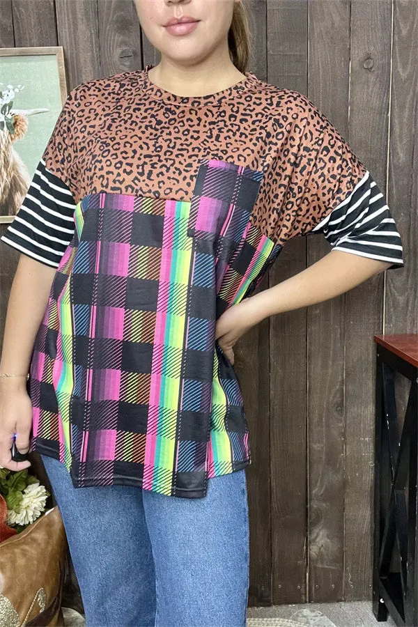 YMY9948  Plaid/leopard/white&black striped Multi color printed short sleeve women tops